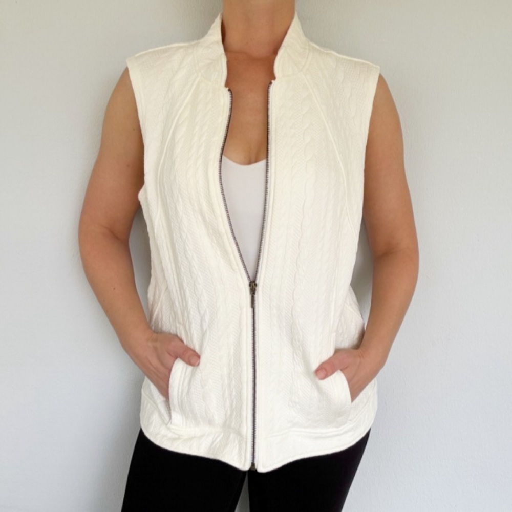 Westbound white textured cable knit cotton stretch full zip vest size small